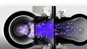 rendering of the interior of a plasma lamp: a purple diagram of the plasma is shown with accelerated ions in pink