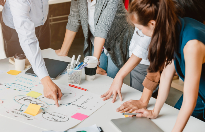gruppo di persone attorno a un tavolo su cui ci sono penne post it e uno schema di progetto