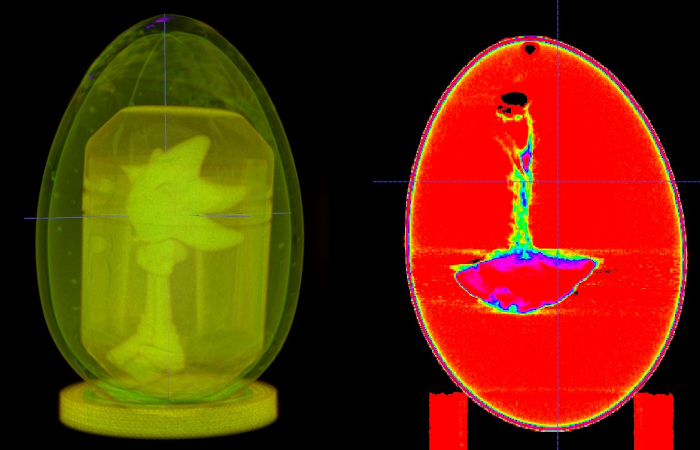 immagini ricostruite in 3D attraverso tomografia computerizzata a fascio conico: a sinistra ovetto di cioccolato im cui si vede la sorpresa all'interno, a destra uovo di gallina con mezzo di contrasto che evidenzia il tuorlo
