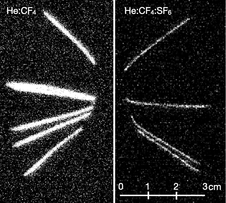 Raw MANGO camera images comparing broader alpha tracks in electron drift with sharper tracks in negative-ion drift