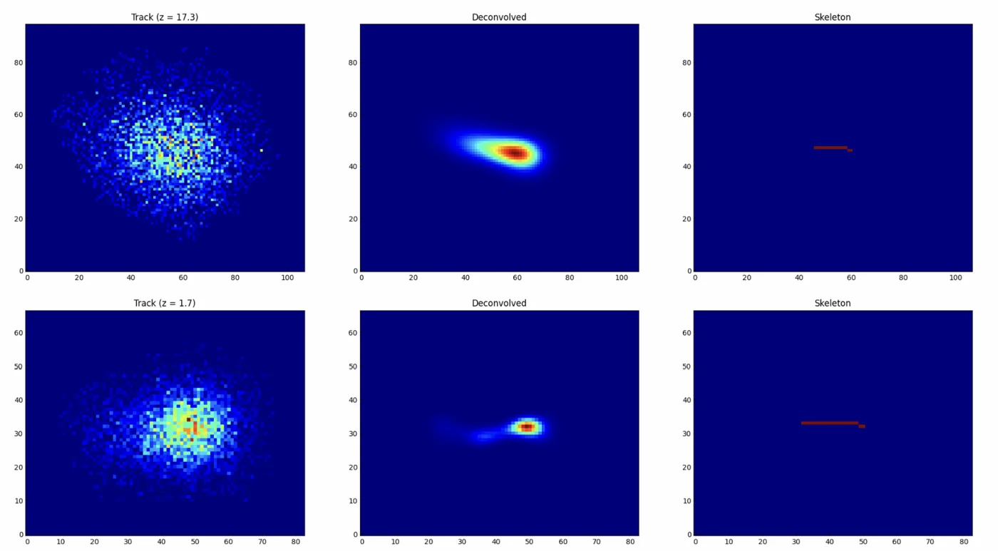 Track reconstruction plots showing raw, deconvolved, and skeletonized detector images