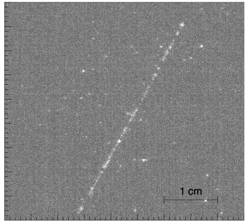 Fig 2: One of the first images of cosmic muon acquired in the 2015 with the first prototype having a 1 cm high sensitive gap, readout by a triple 10x10 cm2 GEM structure