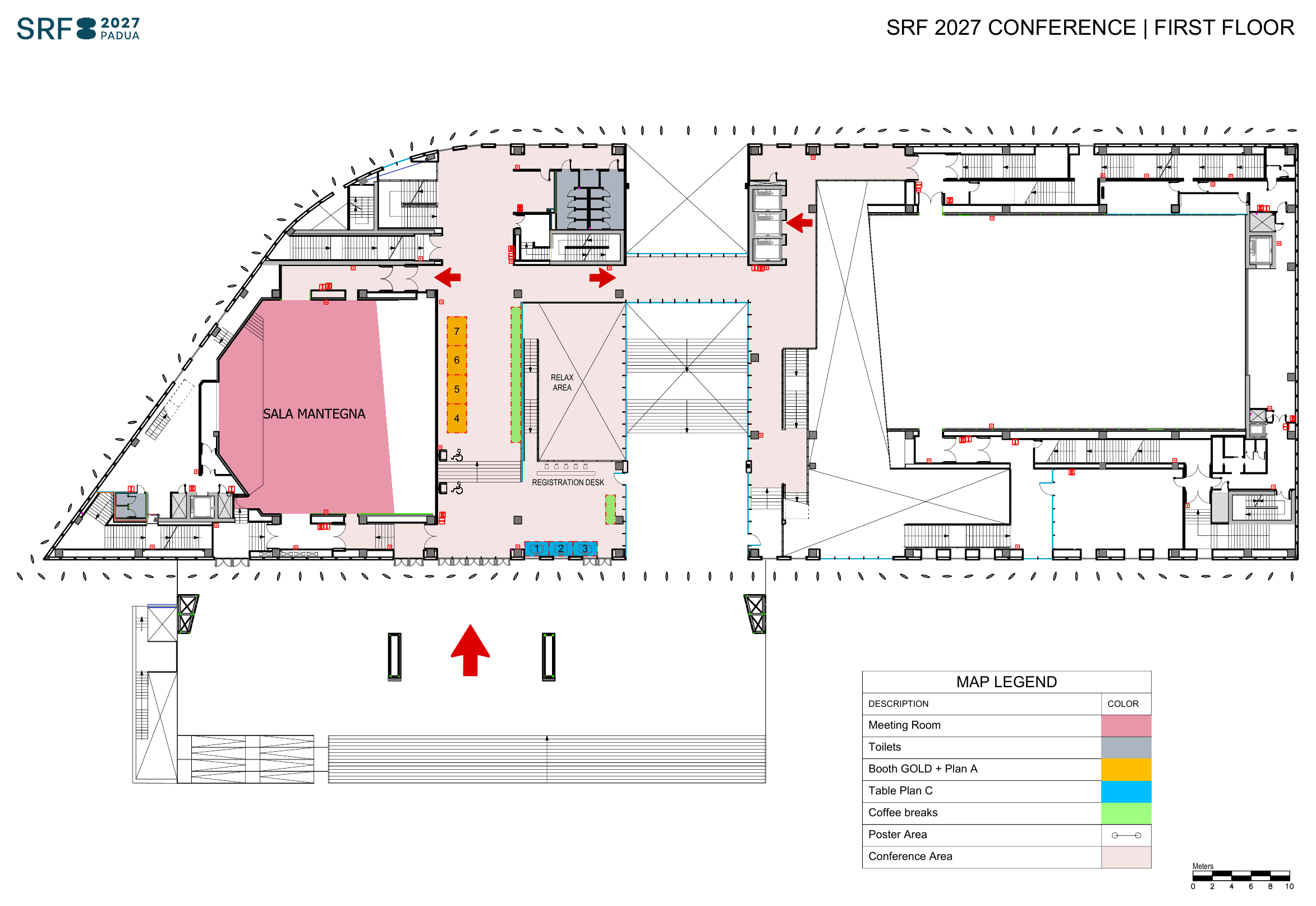 SRF 2027 Conference — First floor plan, showing Sala Mantegna, registration desk, relax area, booth Gold + Plan A positions (numbered 4-7), table Plan C positions (numbered 1-3), coffee break and toilet locations