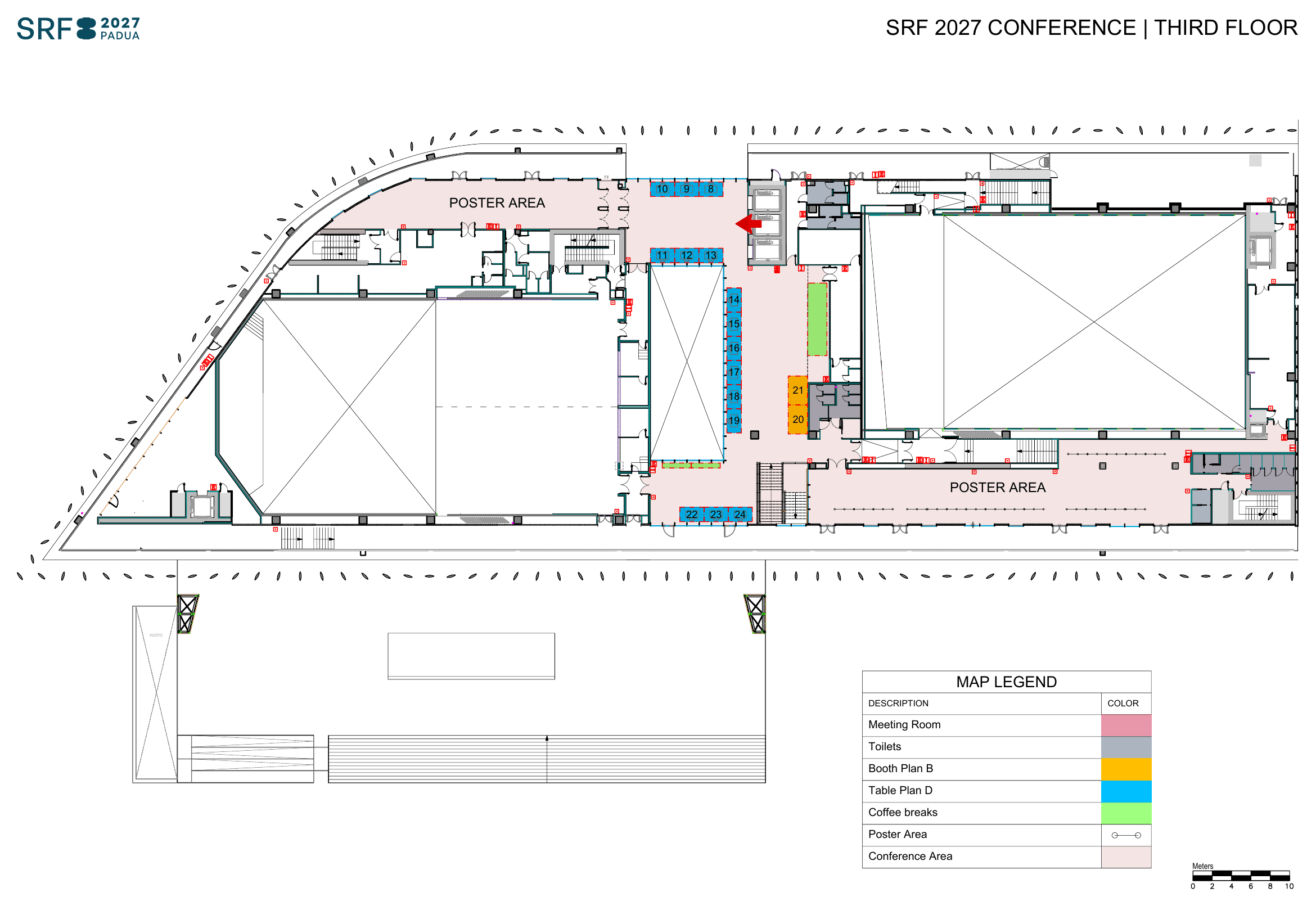 SRF 2027 Conference — Third floor plan, showing poster areas, booth Plan B positions (numbered 8-19), table Plan D positions (numbered 20-24), coffee break and toilet locations